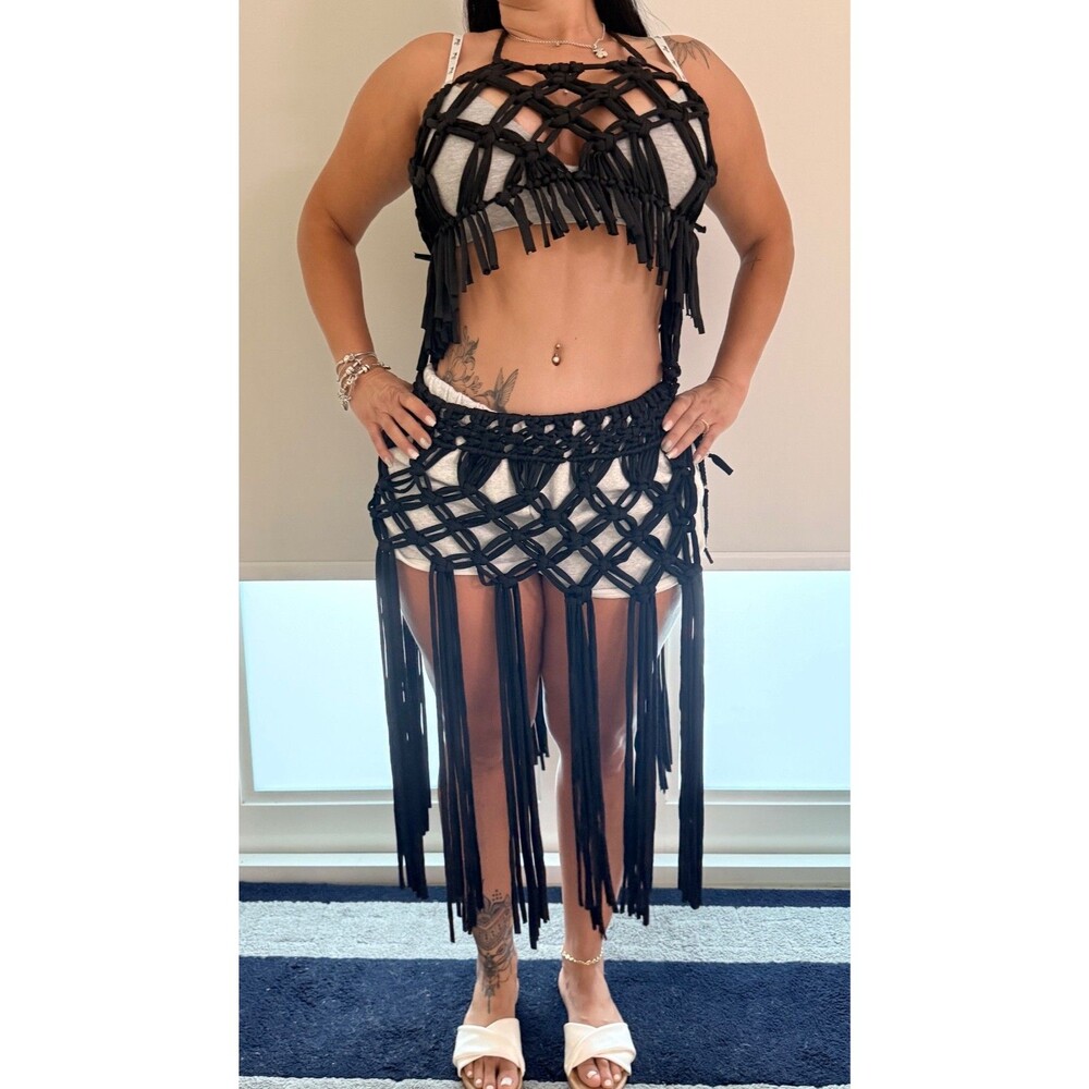 Handmade Macrame Rope Fringe Crop Top & Skirt Set Black Beach Cover Up L